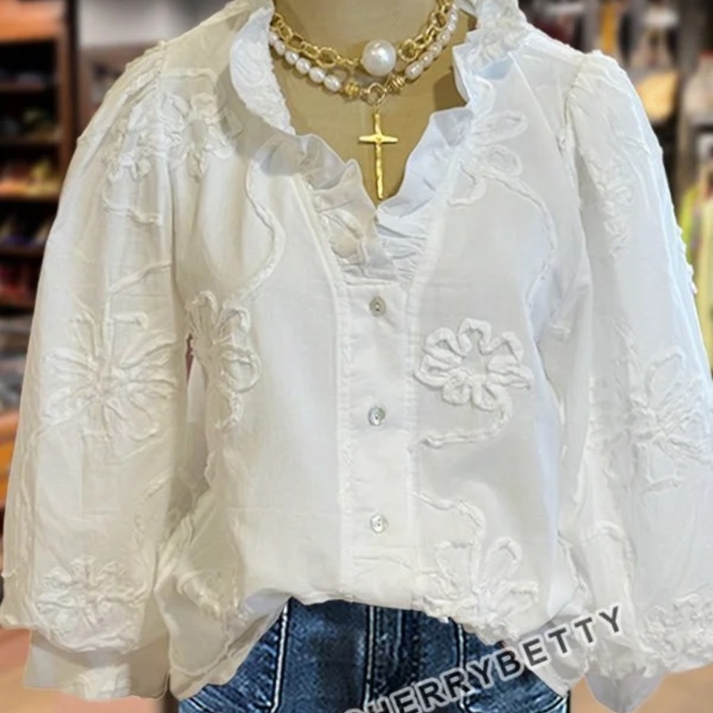 Chic White Floral Embroidered Ruffle Neck Puff Sleeve Blouse by